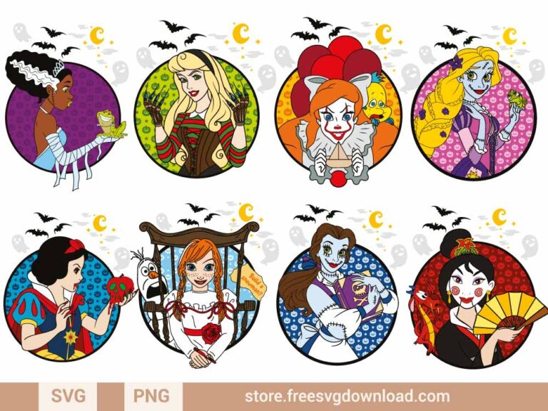 Halloween Princess SVG Bundle & PNG, SVG Free Download, svg files for cricut, halloween svg, disney svg, elsa svg, ariel svg, disney princess svg, mermaid svg, jasmine svg, cinderella svg, snow white svg, belle svg, tiana svg, rapunzel svg, mulan svg