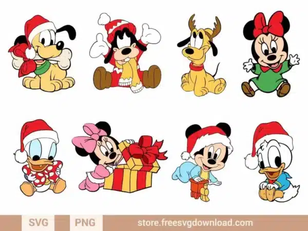 Baby Mickey Mouse Christmas SVG Bundle featuring adorable baby Disney characters in festive holiday outfits.