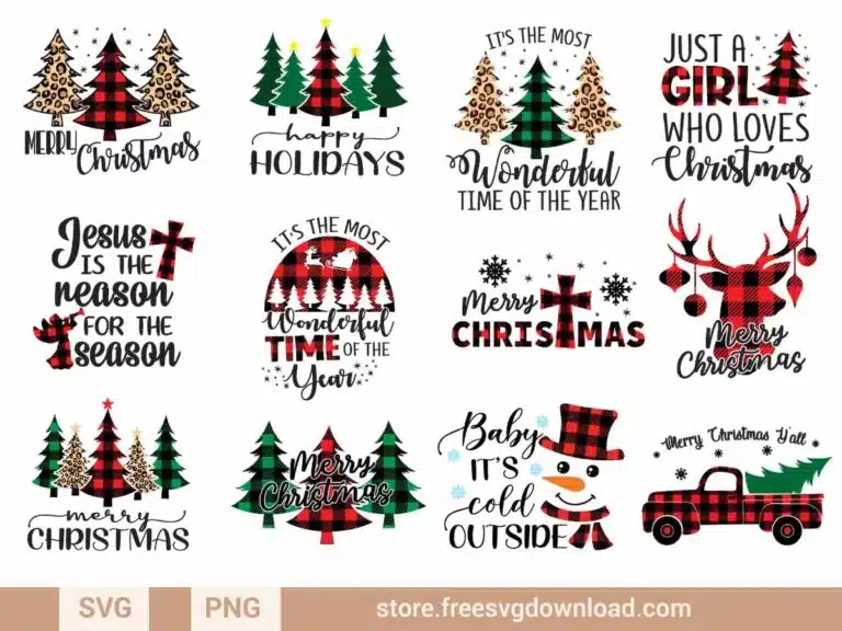 Buffalo Plaid Christmas SVG Bundle featuring plaid trees, reindeer, snowmen, and festive holiday quotes
