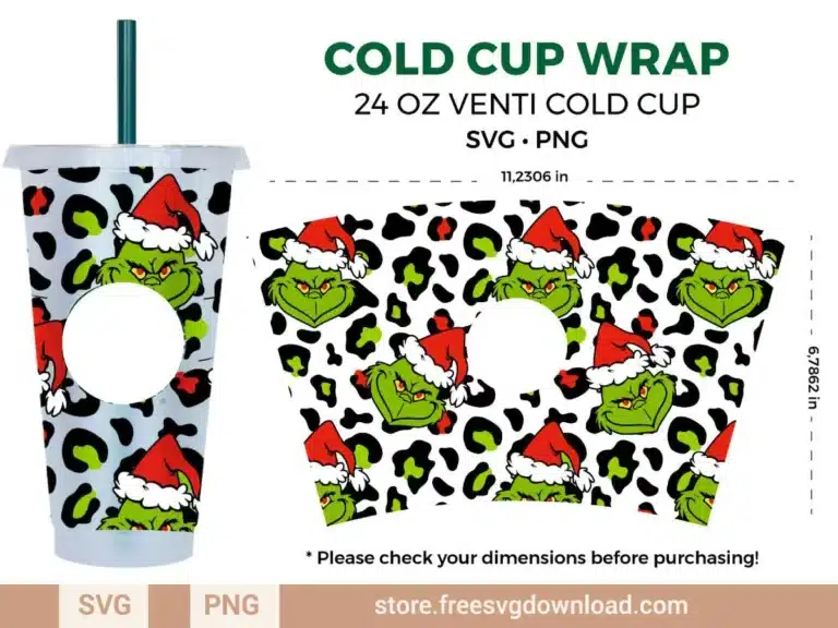 Grinch Leopard Starbucks Wrap SVG for 24 oz Venti Cold Cup with Santa hat and leopard print