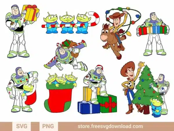 Toy Story Christmas SVG Bundle featuring festive designs of Buzz Lightyear, Woody, and the Aliens with holiday decorations and gifts.
