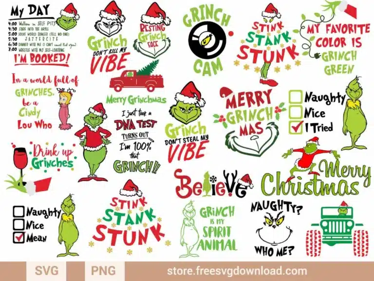 Grinch Sayings SVG Bundle featuring festive quotes and playful Grinch graphics