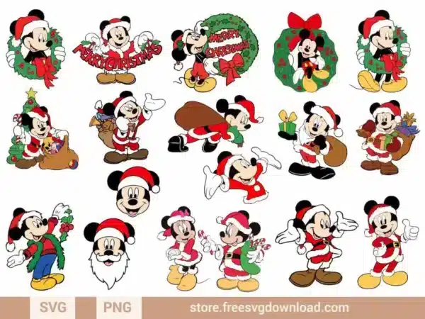 Mickey Mouse holiday SVG designs featuring festive poses and cheerful Christmas themes.