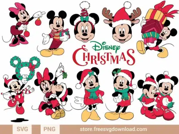 Festive Mickey and Minnie Christmas SVG designs featuring Disney characters in holiday attire.