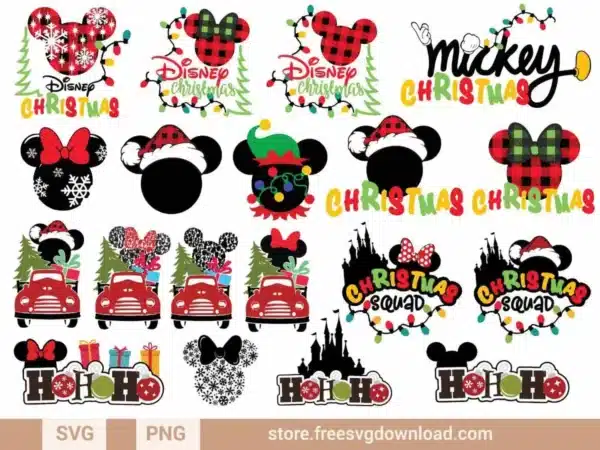Minnie Mouse-themed holiday SVG designs featuring plaid patterns, snowflakes, Christmas lights, and festive elements.
