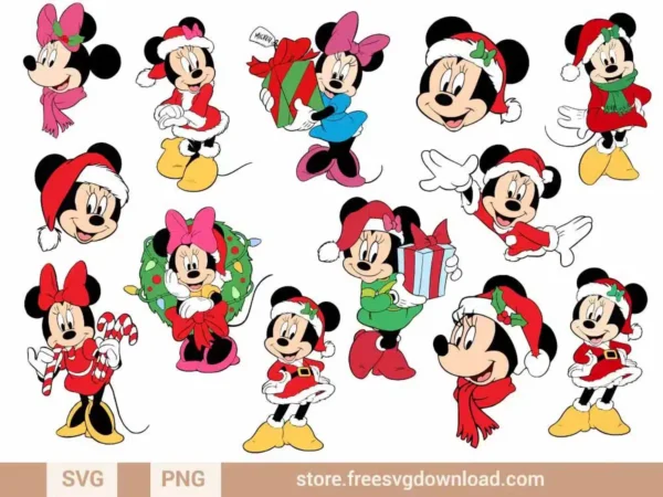 Minnie Mouse Christmas SVG Bundle featuring festive Minnie designs with holiday elements.