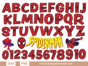 Spiderman Alphabet SVG Bundle featuring web-themed letters, numbers, and superhero poses for creative projects.