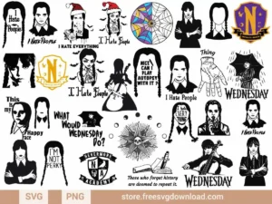Wednesday SVG Bundle featuring gothic quotes, silhouettes, and Nevermore Academy elements for spooky crafts.