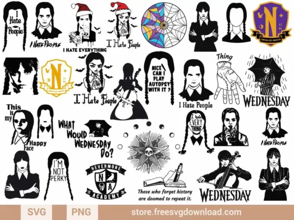 Wednesday SVG Bundle featuring gothic quotes, silhouettes, and Nevermore Academy elements for spooky crafts.