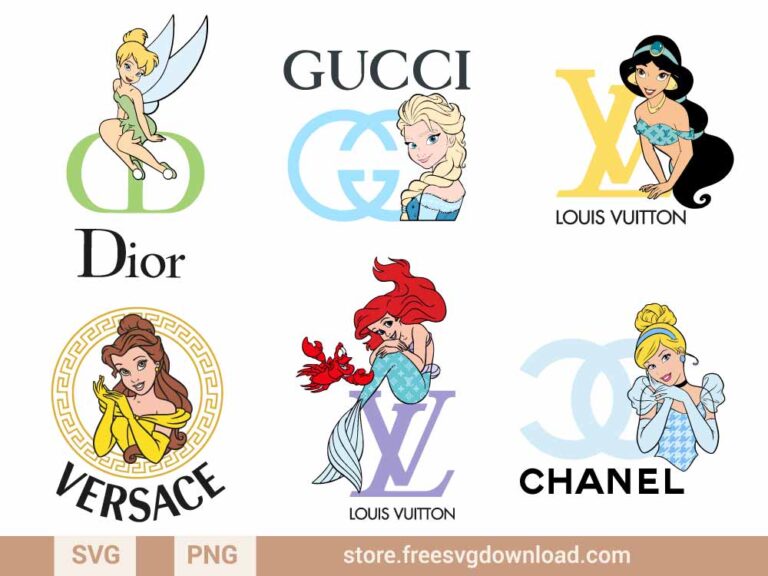 Disney Princess Fashion Brand SVG cut files, louis vuitton svg, chanel svg, gucci svg, versace svg, dior svg, ariel svg, little mermaid svg, belle svg, bella svg, cinderella svg, tinkerbell svg, jasmine svg, frozen svg, elsa svg