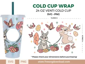 Bambi Bunny Starbucks wrap design featuring bunnies, flowers, and butterflies for 24 oz Venti Cold Cups.