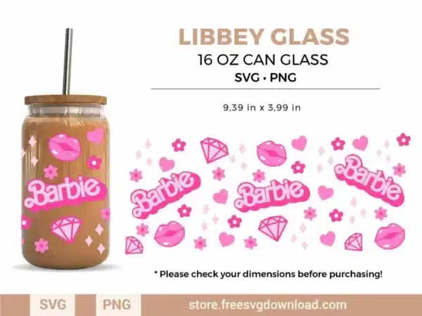 Barbie Libbey Glass SVG with Barbie logo, diamonds, lips, hearts, and flowers