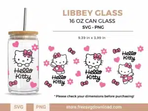 Hello Kitty Libbey Glass SVG featuring hearts, bows, and floral accents for personalized drinkware