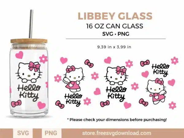 Hello Kitty Libbey Glass SVG featuring hearts, bows, and floral accents for personalized drinkware