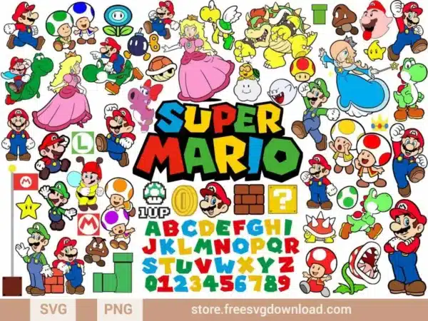 Super Mario SVG Bundle featuring Mario, Luigi, Peach, Bowser, Yoshi, and gaming elements for crafting.