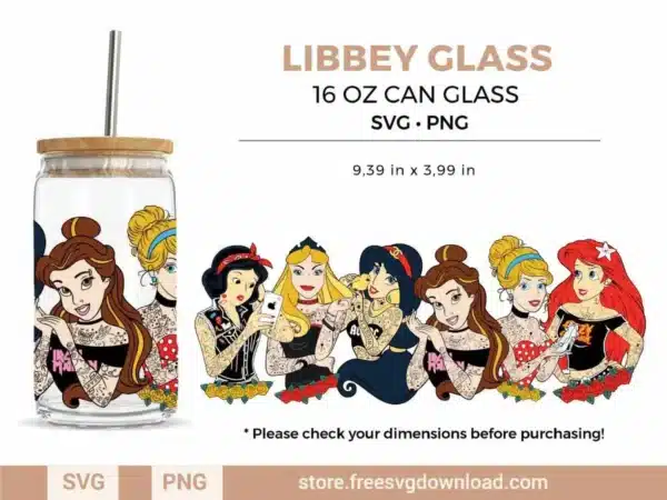 Punk Princess Libbey Glass SVG wrap featuring tattooed Disney-style princesses for crafting.