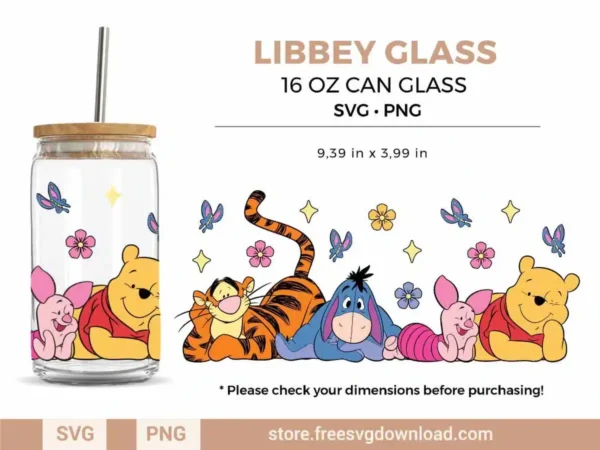 Winnie The Pooh Libbey Glass SVG featuring Pooh, Piglet, Tigger, and Eeyore with floral and butterfly accents