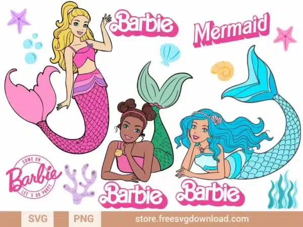 Barbie Mermaid SVG Bundle featuring colorful mermaid Barbie designs with seashells, coral, and oceanic elements.