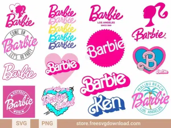 Barbie SVG Bundle featuring classic logos, fonts, and trendy Barbie-themed designs for crafting.
