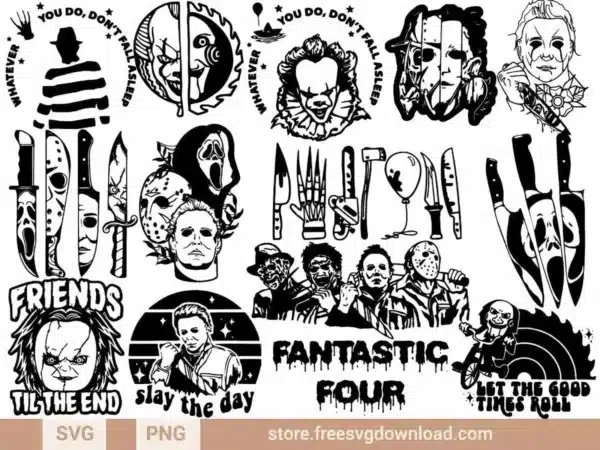 Classic horror movie SVG bundle with Michael Myers, Jason Voorhees, Freddy Krueger, and more.