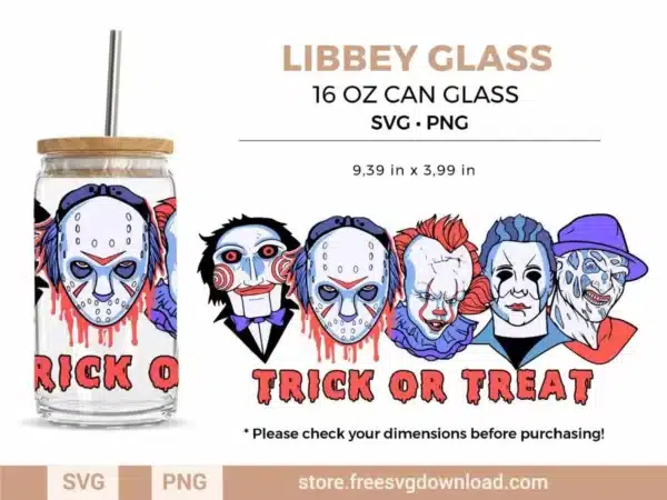 Horror Movie Halloween Libbey Glass SVG featuring iconic villains like Jason Voorhees, Pennywise, and Michael Myers