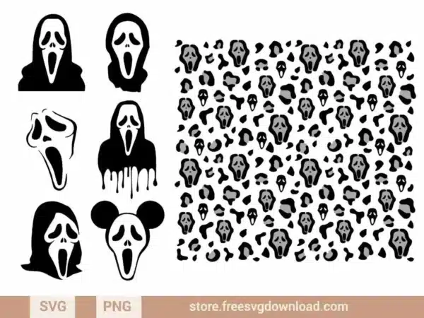 Chilling Ghost Face mask variations with horror-inspired cheetah print pattern.