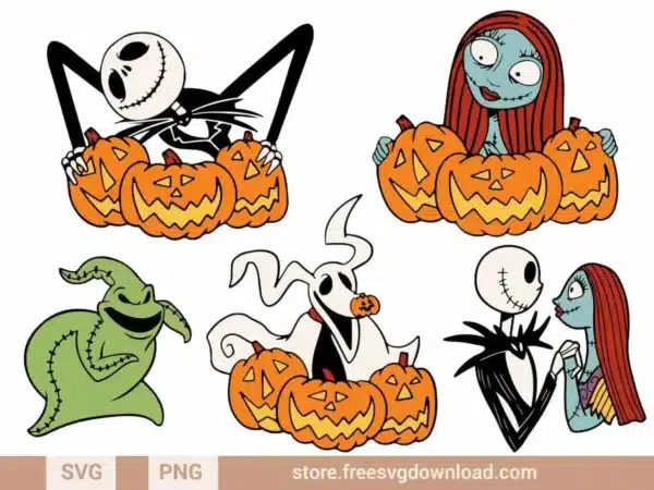 Halloween-themed Nightmare Before Christmas characters with pumpkins, including Jack Skellington, Sally, Oogie Boogie, and Zero.