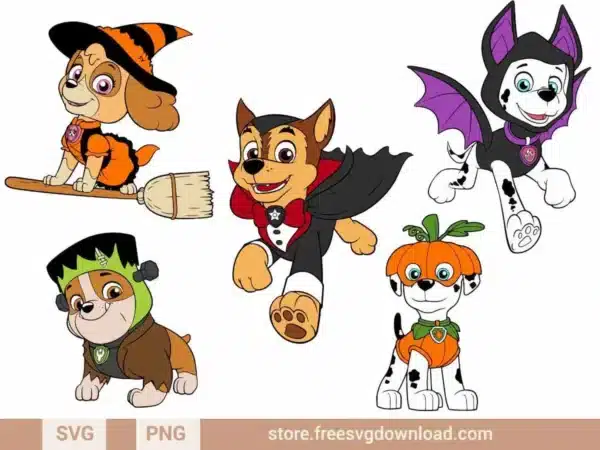 Paw Patrol pups in Halloween costumes including a witch, vampire, Frankenstein, and pumpkin.