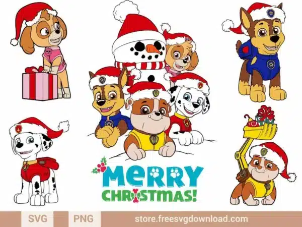 Paw Patrol characters dressed in Santa hats, Christmas outfits, and festive holiday settings.
