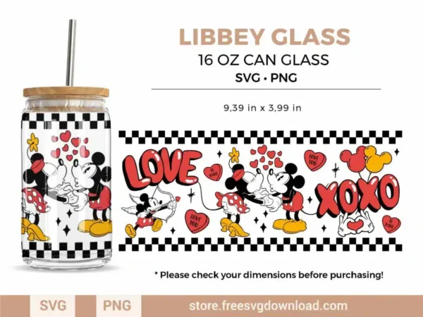 Mickey Minnie Valentines Libbey Can Glass SVG featuring Disney characters with love-themed designs