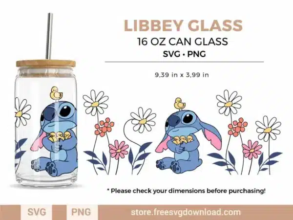 Stitch Easter Flower design featuring Stitch with chicks and flowers for 16 oz Libbey Can Glass.