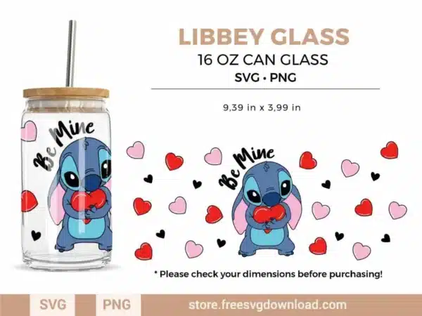 Stitch Valentine’s Day Libbey Can Glass SVG featuring Stitch holding a heart and surrounded by colorful hearts