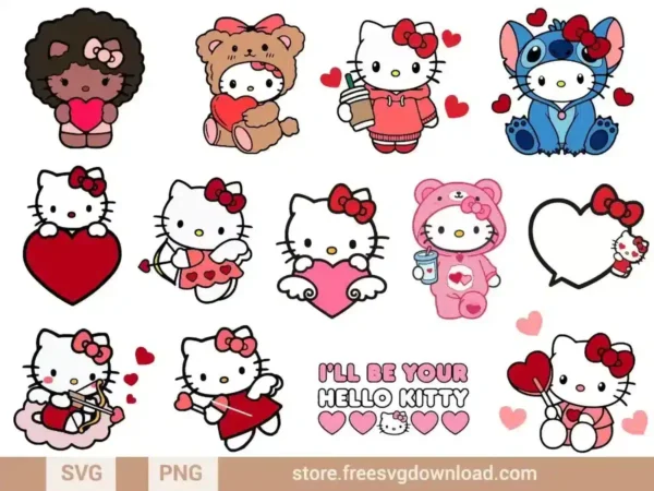 Hello Kitty Valentine SVG bundle preview with hearts, cupids, and love-themed outfits for Cricut and Silhouette cutting machines.