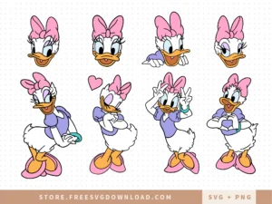 Daisy Duck SVG Bundle featuring 8 character designs with face close-ups and full-body poses in pink bow and purple dress